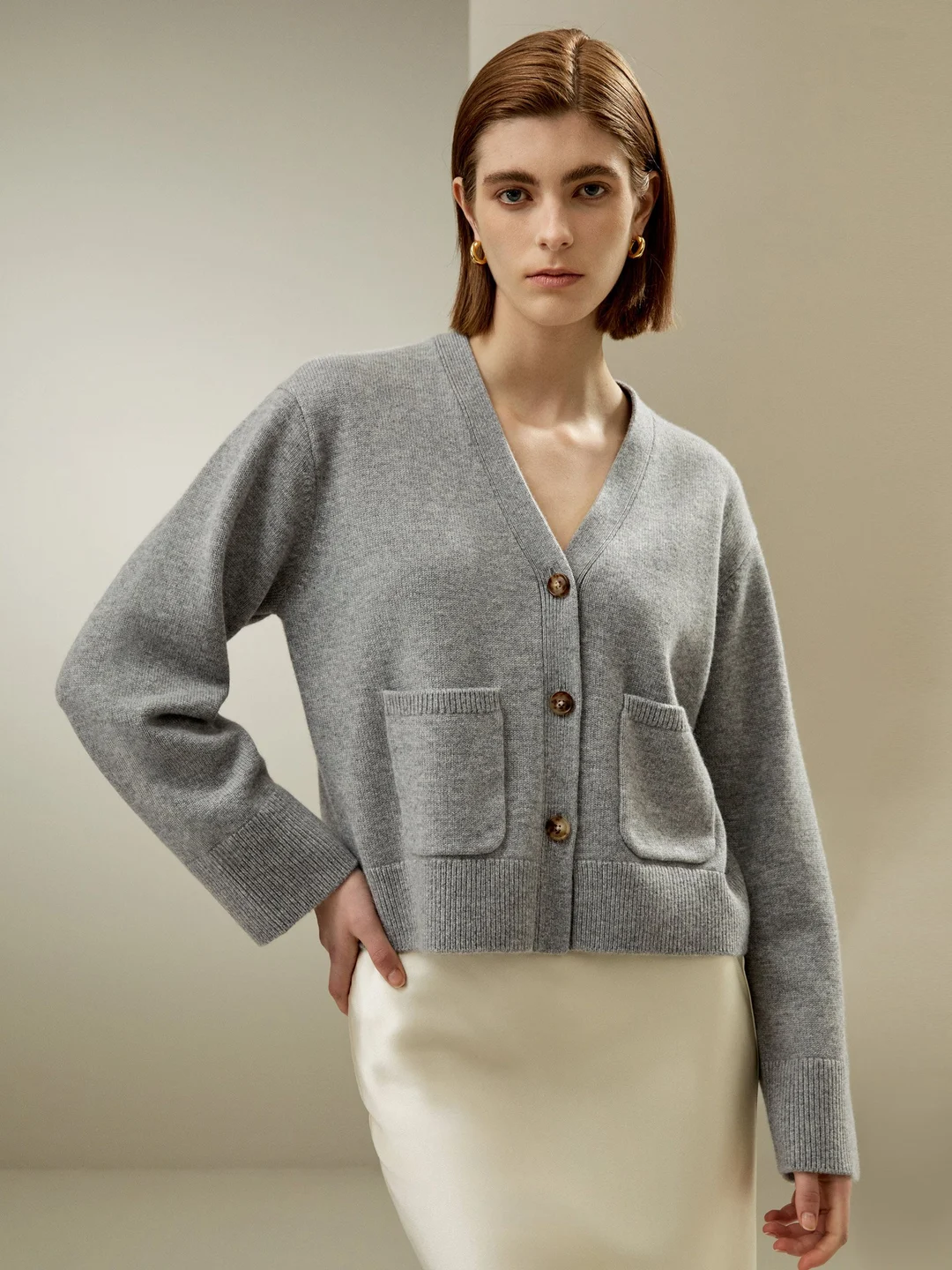 LILYSILK Cardigan Court Poches Avant Mélange Laine-Cahcemire Une Chaleur Et Un Confort Ultimes Sans Produits Chimiques Nocifs Chameau Xs