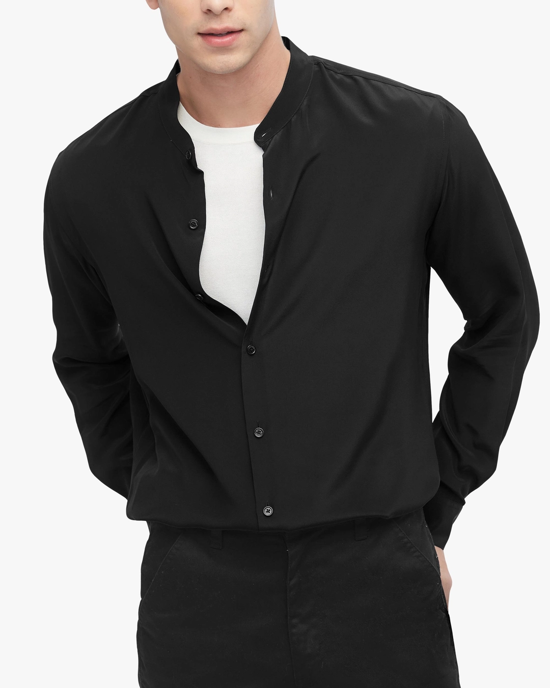 LILYSILK Chemise Soie Homme Bleu Marine Col Montant, Manches Longues 100% Soie Pure Naturellement Antibactérien Chemise M