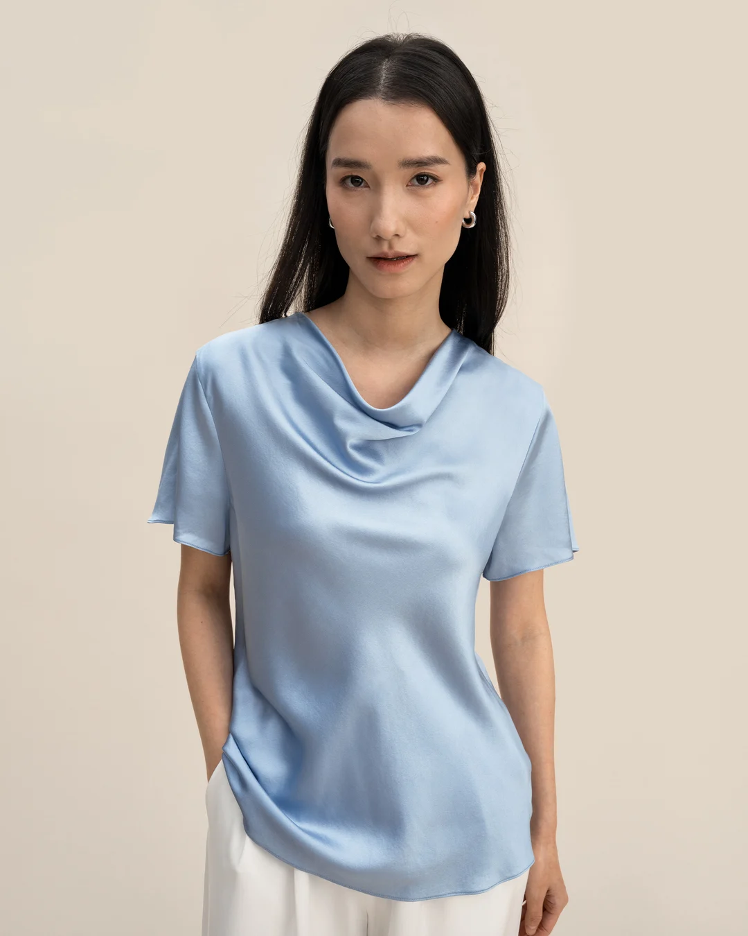 LILYSILK T Shirt En Soie Femme Bleu Ciel Cou De Capot, Ajustement Régulier 100% Soie De Mûrier Super Doux 38