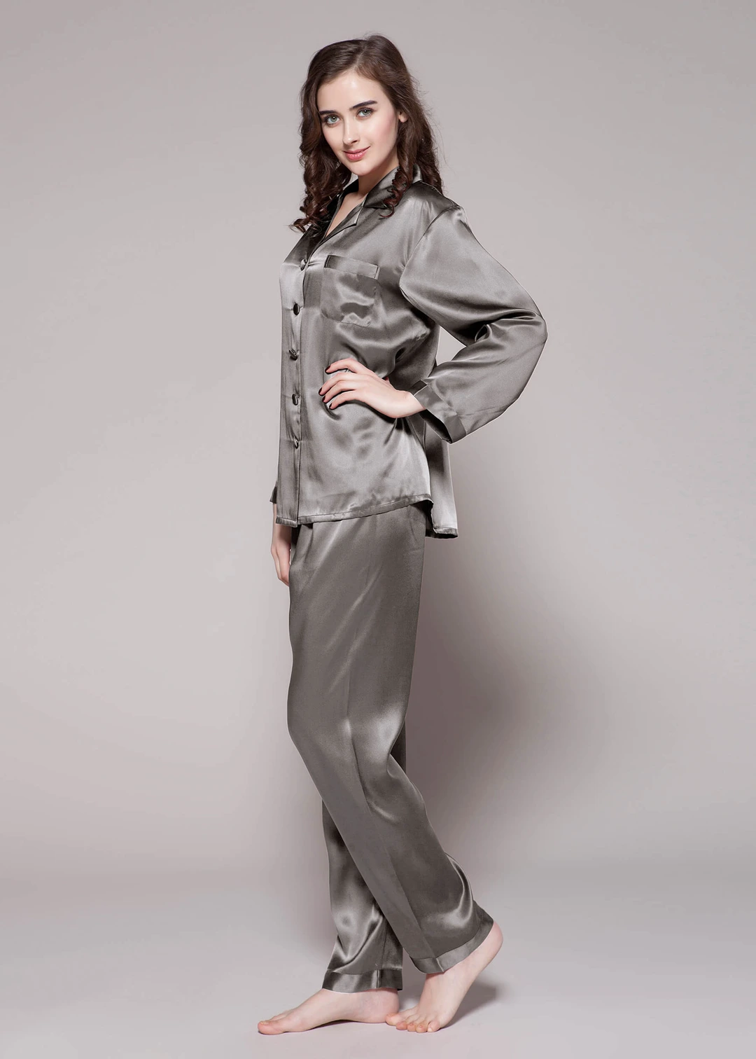 LILYSILK Pyjama Soie Noir Femme Noir Revers Crantés, Boutons Enveloppés De Soie 100% Soie Pure Maintient L'Hydratation Pour Mieux Dormir S