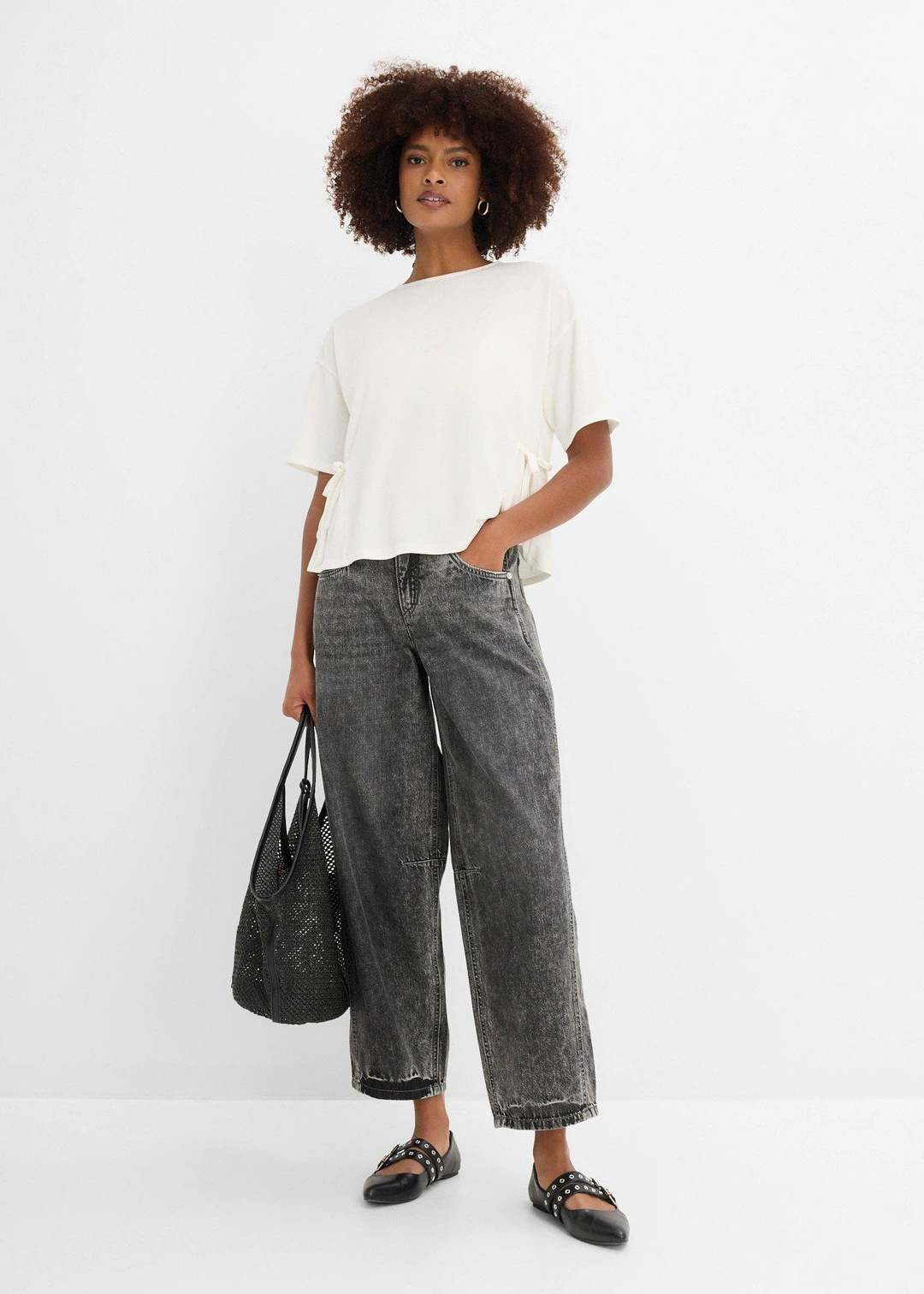 Jean ballon taille mi-haute, doux et cropped - 2
