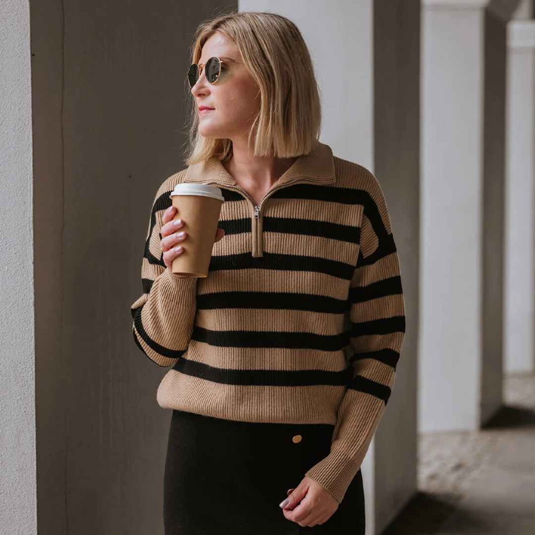 LILYSILK Pull Femme En Laine Camel À Rayures Noires Style Décontracté À Épaules Tombantes 100% Laine Mérinos Ultra Fine Incroyablement Doux Et Chaud S