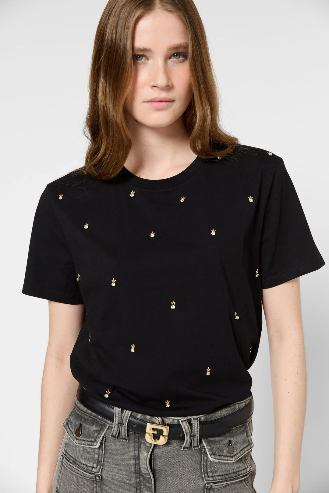 T-shirt à perles en coton - GRACIA - Noir