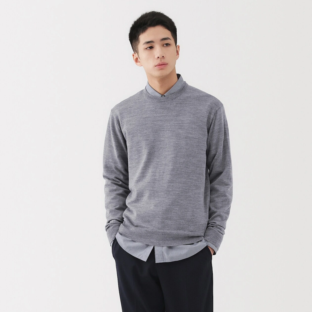 Pull à col rond en laine tricot fin pour homme