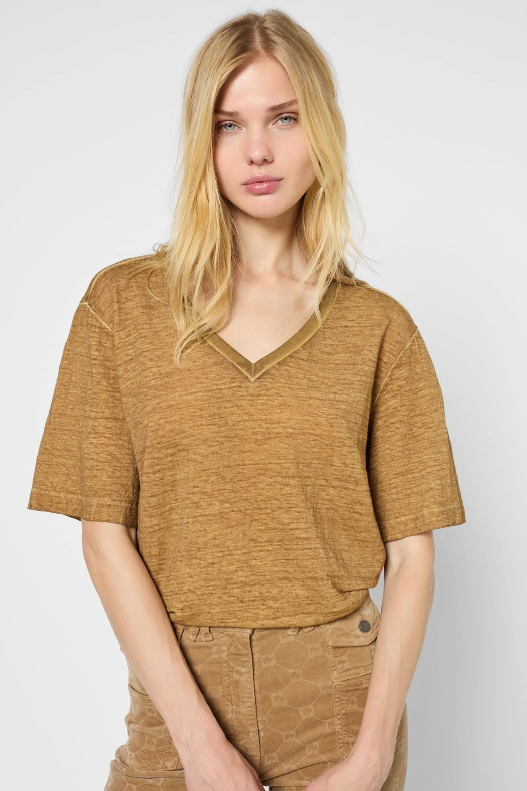 T-shirt ample à col V en lin - GRETA - Camel