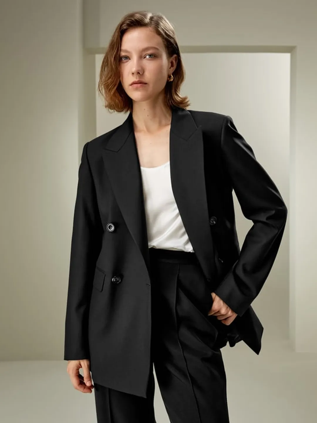 LILYSILK Blazer En Laine Femme Épaules Légèrement Larges Mélange De Soie Et De Laine Facile À Assortir Suie 46