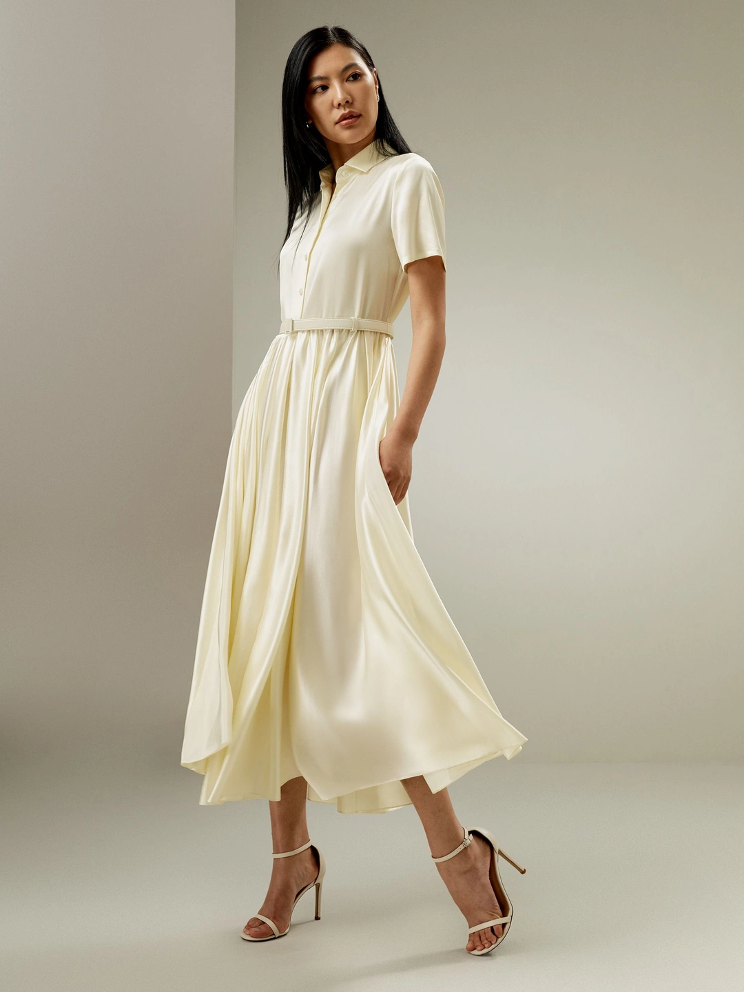 LILYSILK Robe En Soie Longue Blanc Ceinture En Soie Assortie, Col Chemise 100% Soie Charmeuse Sans Produits Chimiques Nocifs 40