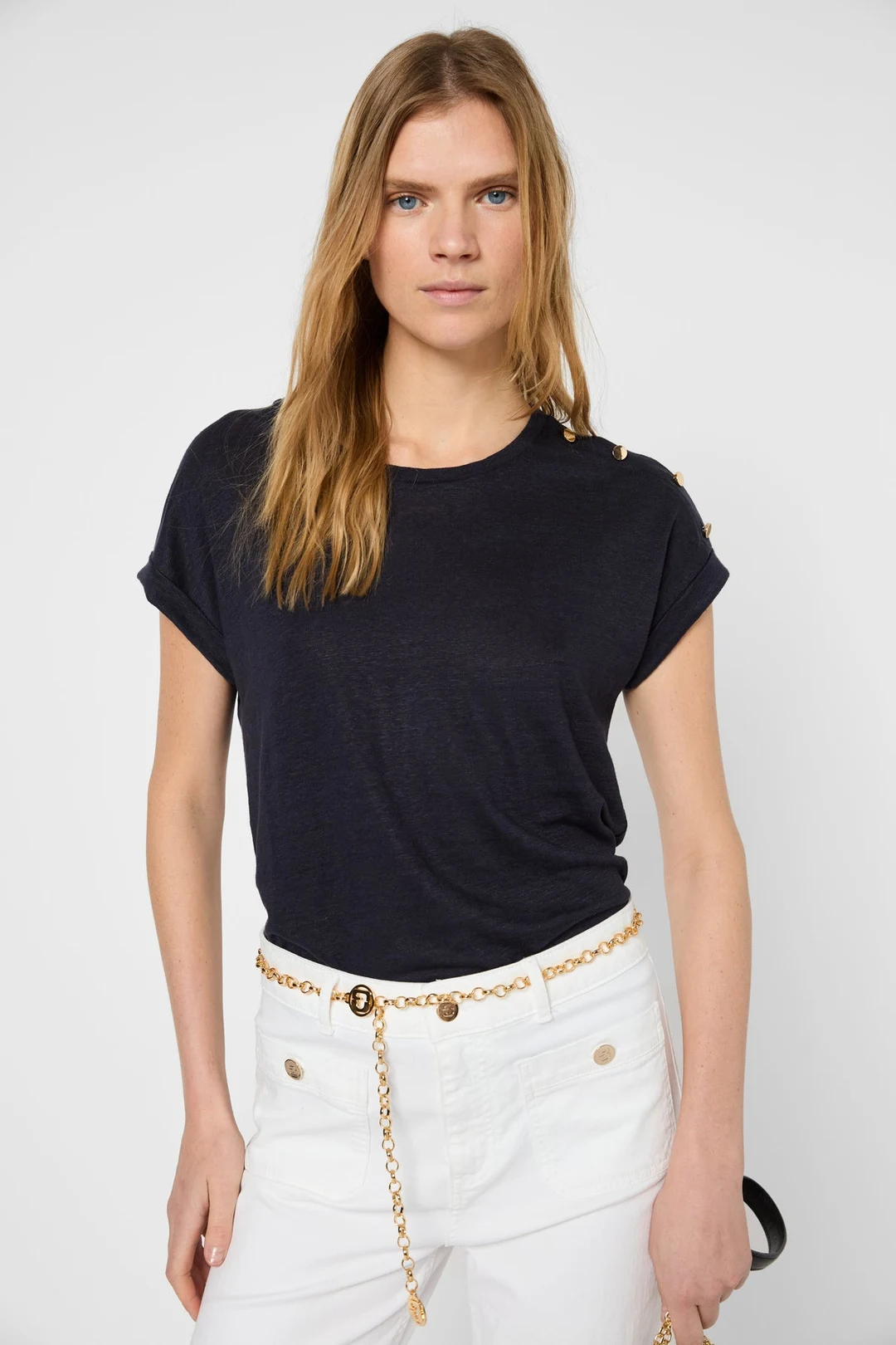 T-shirt à boutons dorés en lin - GIGI - Vert Kaki