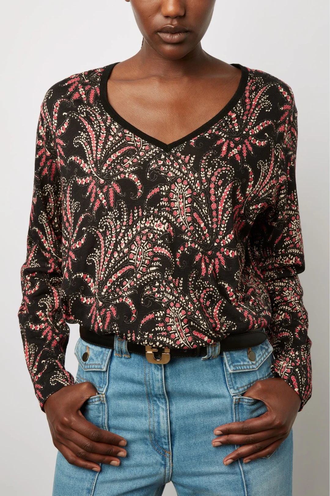 T-shirt imprimé à col V et manches longues - ADELINA - Noir