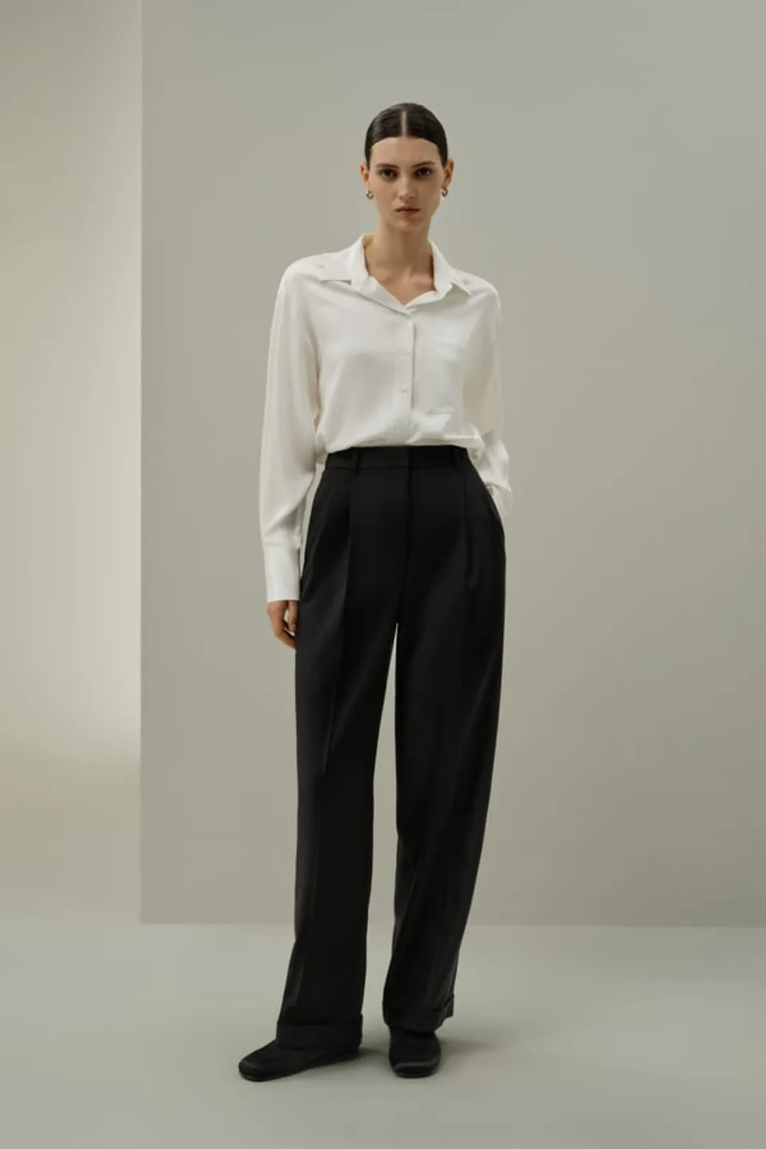LILYSILK Pantalon Droit Laine & Soie Suie 34 - Taille Plissée, Confort Respirant