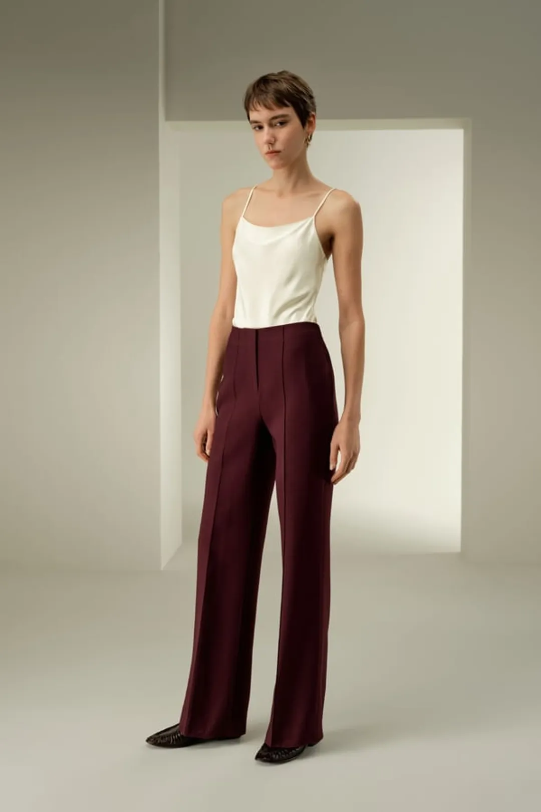 LILYSILK Pantalon Évasé Femme Sergé Soie-Laine Fluide Elégant Pinot Noir 38