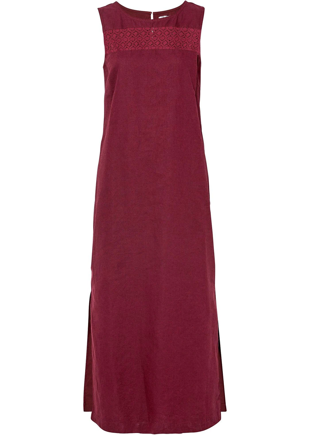 Robe longue avec lin majoritaire, motif ajouré au décolleté et fentes latérales