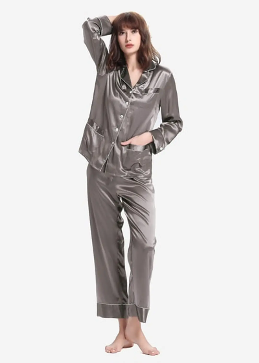 Ensemble Long Pyjama En Soie Liseré Contrastant