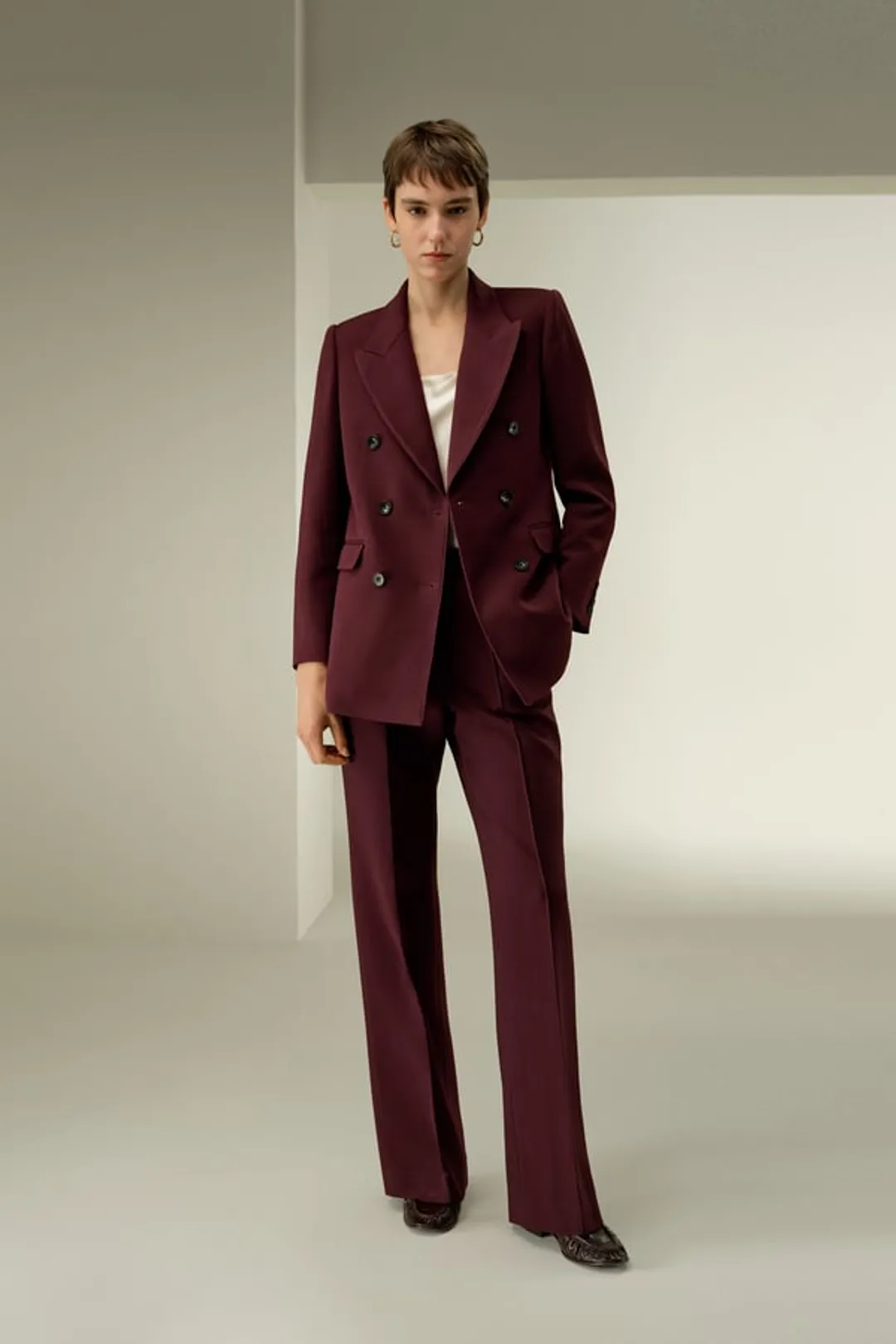 LILYSILK Blazer Croisé Femme Laine Soie Élégant Revers Classique Pinot Noir 46