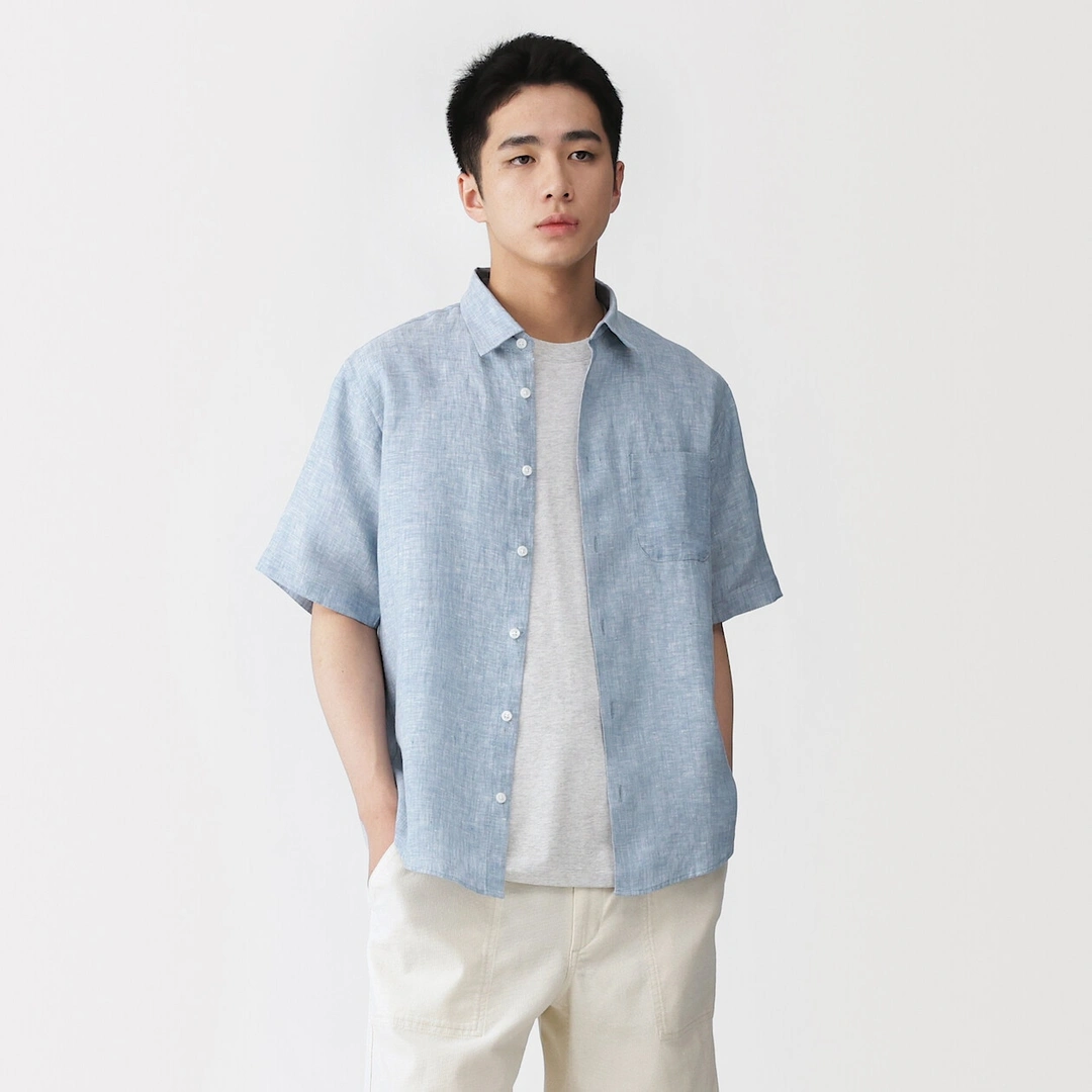 Chemise à manches courtes en lin délavé pour homme