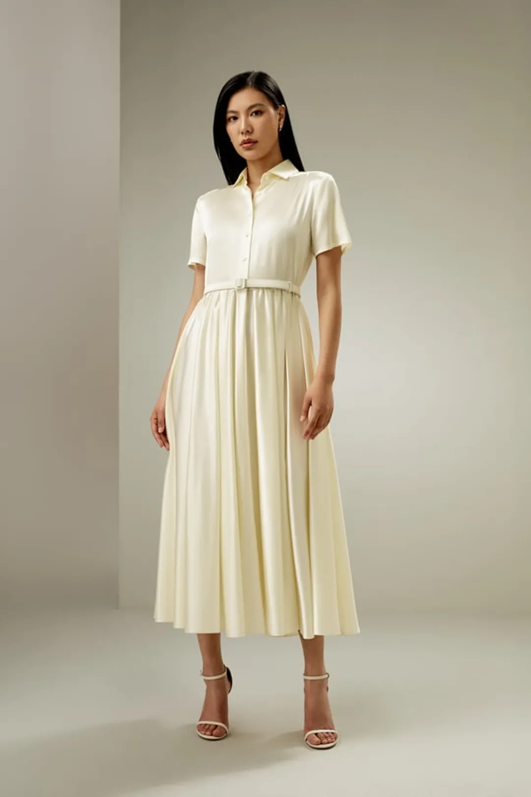 LILYSILK Robe En Soie Longue Blanc Ceinture En Soie Assortie, Col Chemise 100% Soie Charmeuse Sans Produits Chimiques Nocifs 40