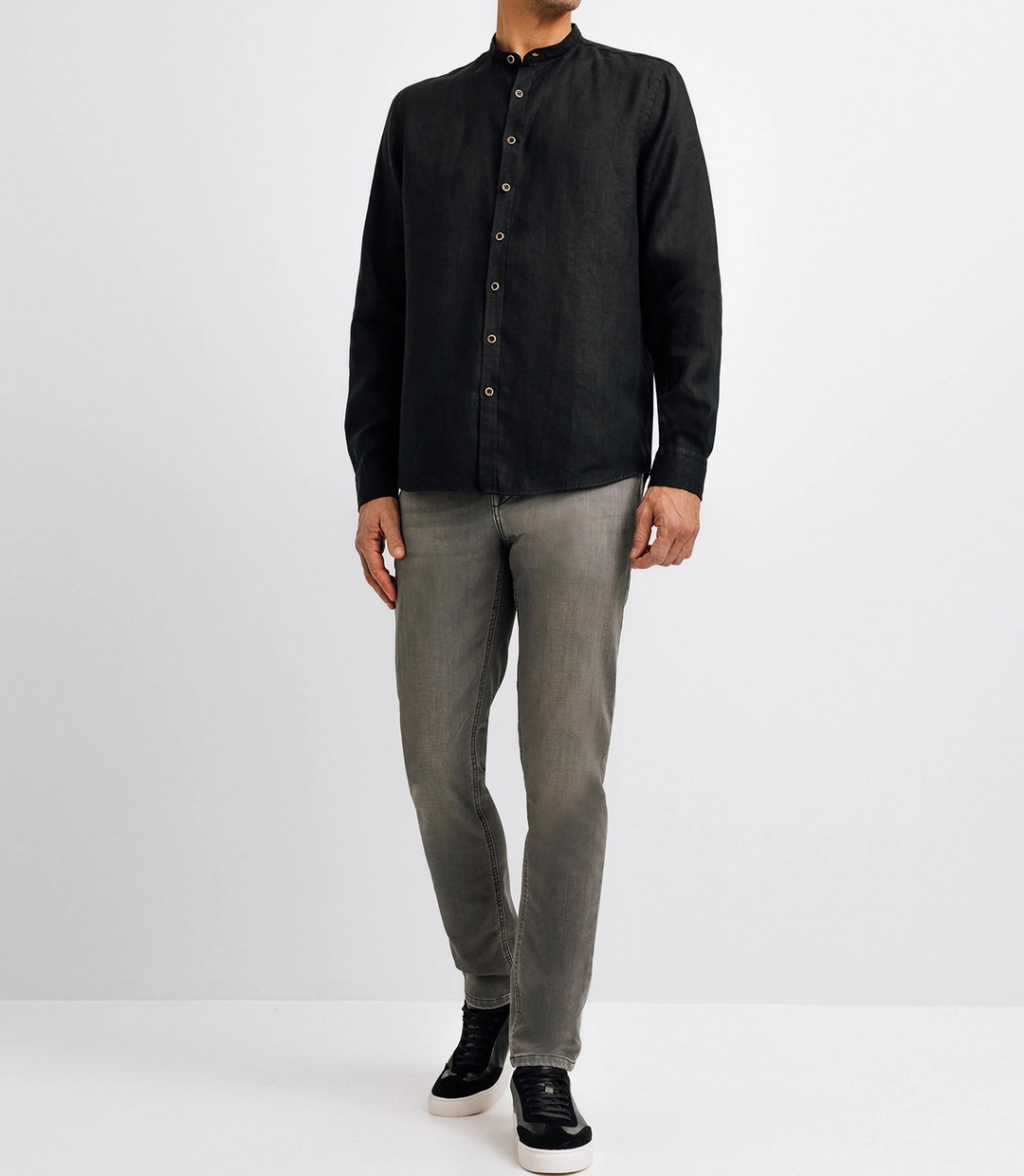IZAC - Chemise en lin col mao noir