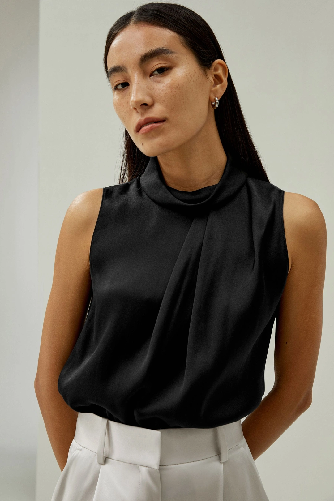 LILYSILK Haut En Soie Femme Trois Plis Sur L'Épaule Droite Soie De Haute Qualité Facile À Assortir Élégance Sans Effort Noir S