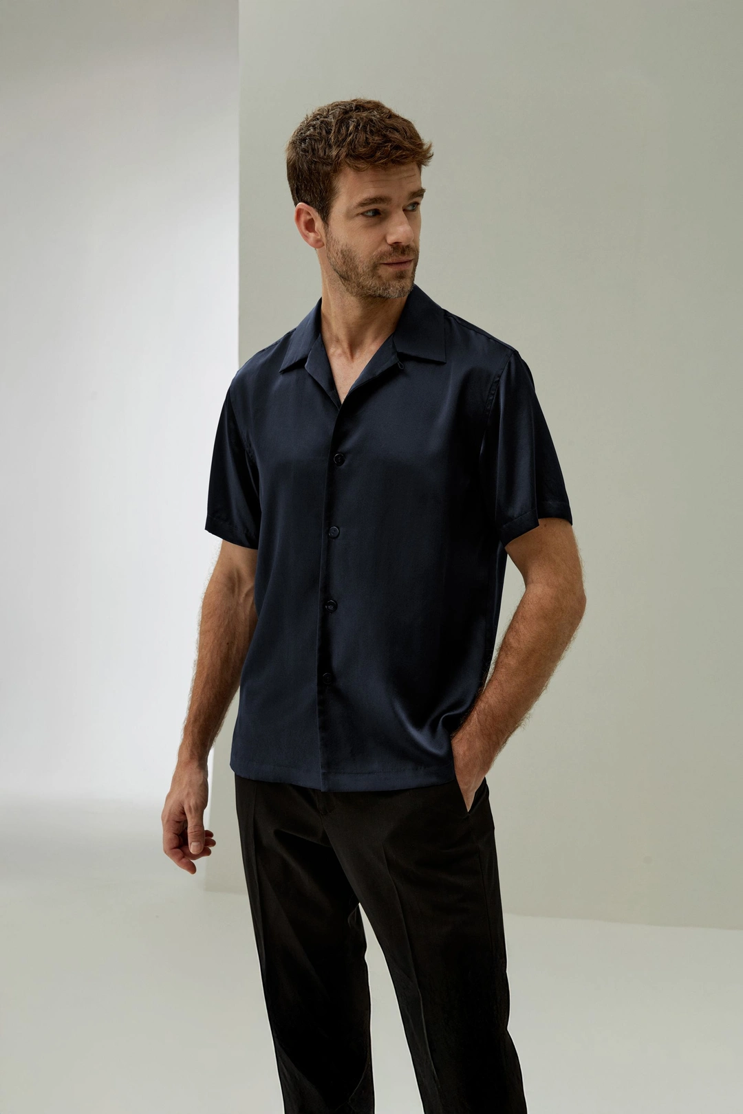 LILYSILK Blouse Soie Homme Luxe Col À Revers 100% Soie De Mûrier Modèle Classique Peut Être Essayé Bleu Minuit Xl