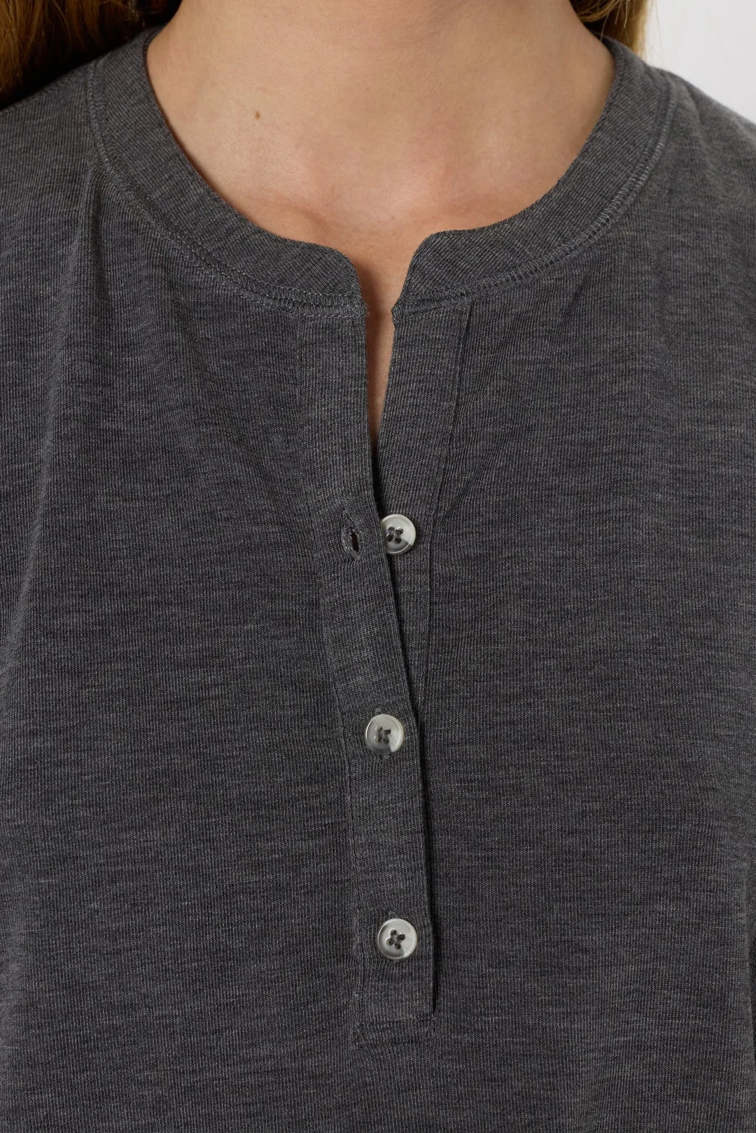 T-shirt chiné à col tunisien - HUGUE - Gris Chiné