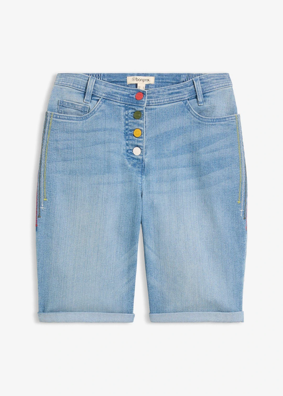 Bermuda en jean avec broderie, taille mi-haute élastiquée