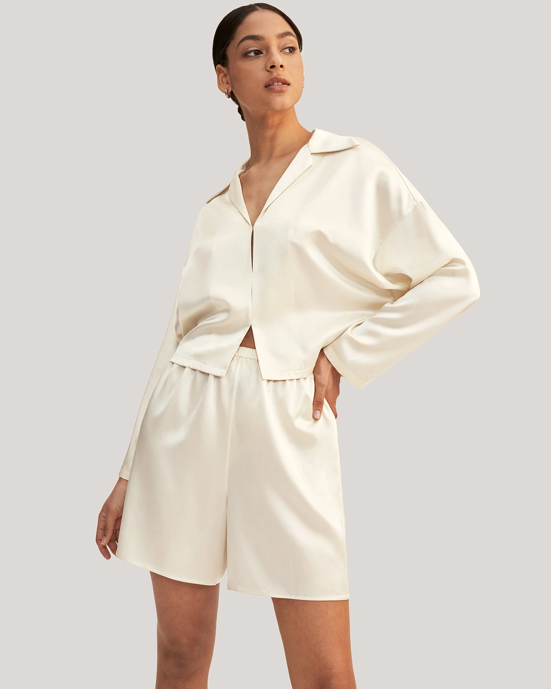 LILYSILK Pyjama De Soie Femme Blanc Couleurs Neutres Et La Poche Oblique 100% Soie Respirant Super Léger L