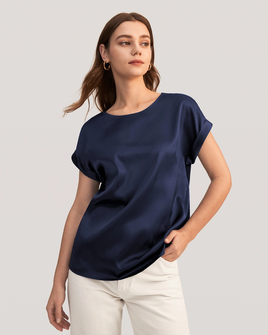 LILYSILK T Shirt Soie Coupe Régulière Poignets Roulés Mancherons Bleu Marine S