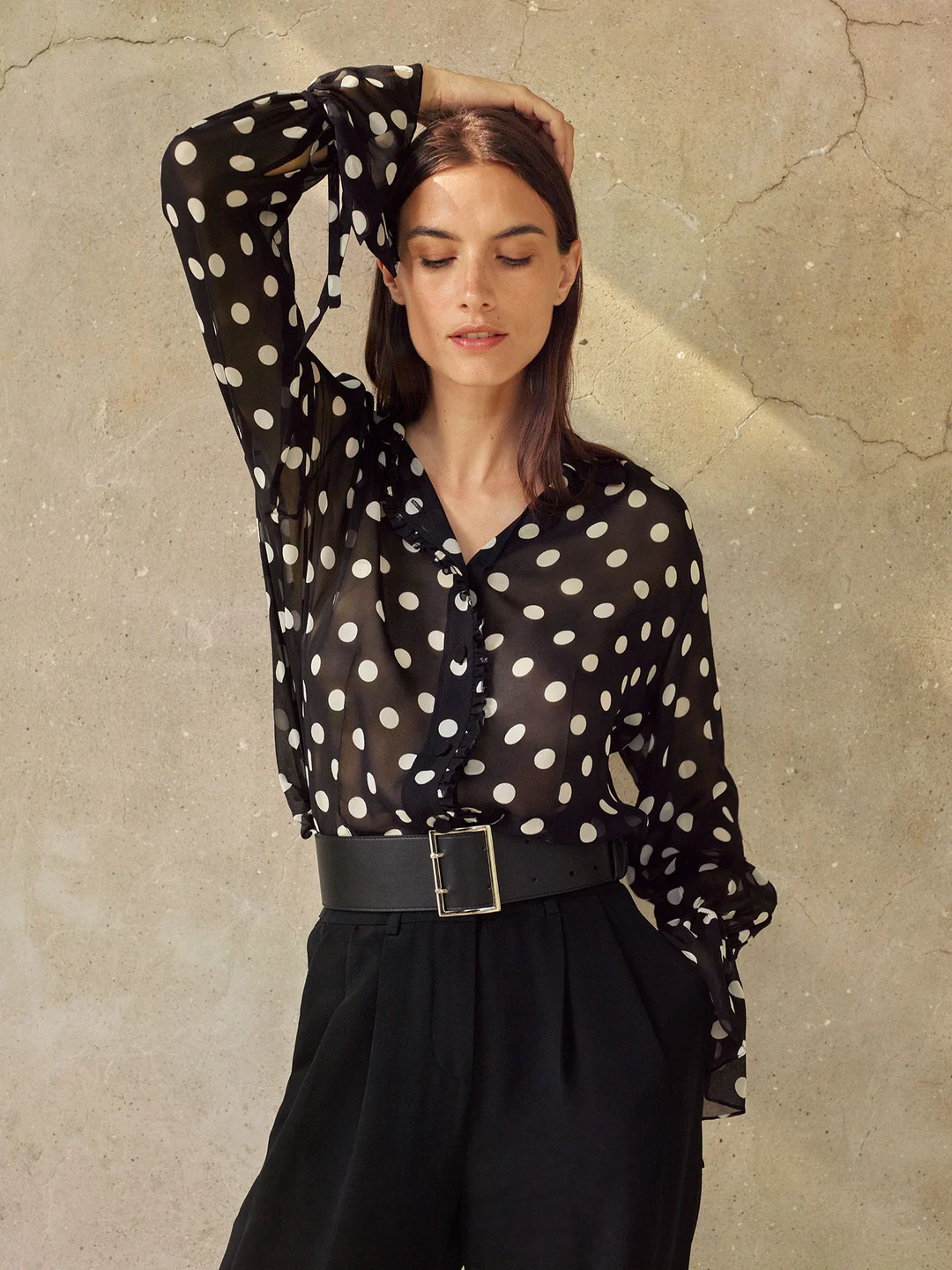 LILYSILK Chemisiers En Soie Femme Point D'Onde Motif À Pois, Manche Trompette Matière Georgette À De Nombreuses Occasions XS