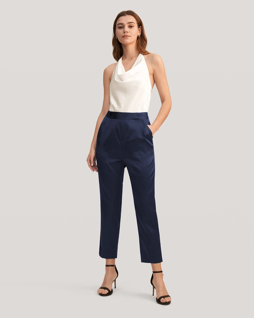 LILYSILK Pantalon Soie Noir Femme Taille Haute, Fermeture Éclair Cachée Soie Extensible De Qualité Température Réglable Pantalon Noir 44-46