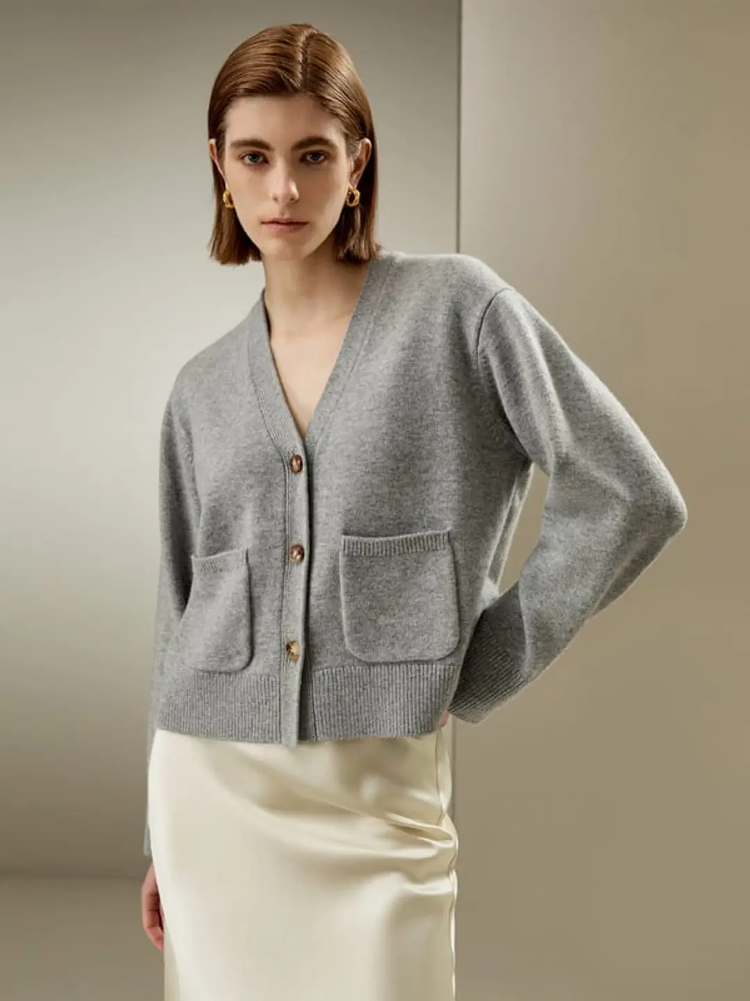 LILYSILK Cardigan Court Poches Avant Mélange Laine-Cahcemire Une Chaleur Et Un Confort Ultimes Sans Produits Chimiques Nocifs Chameau Xs