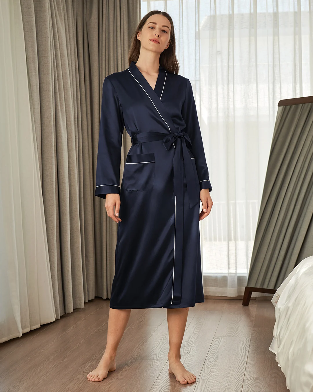 LILYSILK Robe De Chambre Soie Femme Bleu Marine Col Souple, Passepoil Chic 100% Soie Convivial Pour Les Personnes Allergiques XS