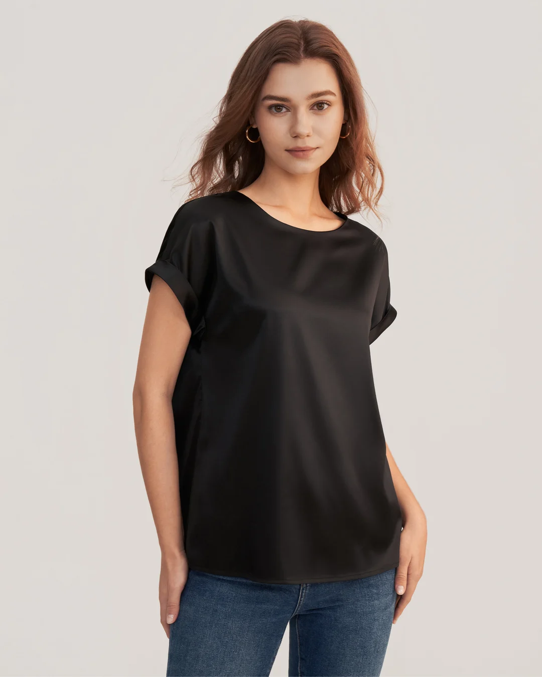 LILYSILK T Shirt Soie Coupe Régulière Poignets Roulés Mancherons Bleu Marine S