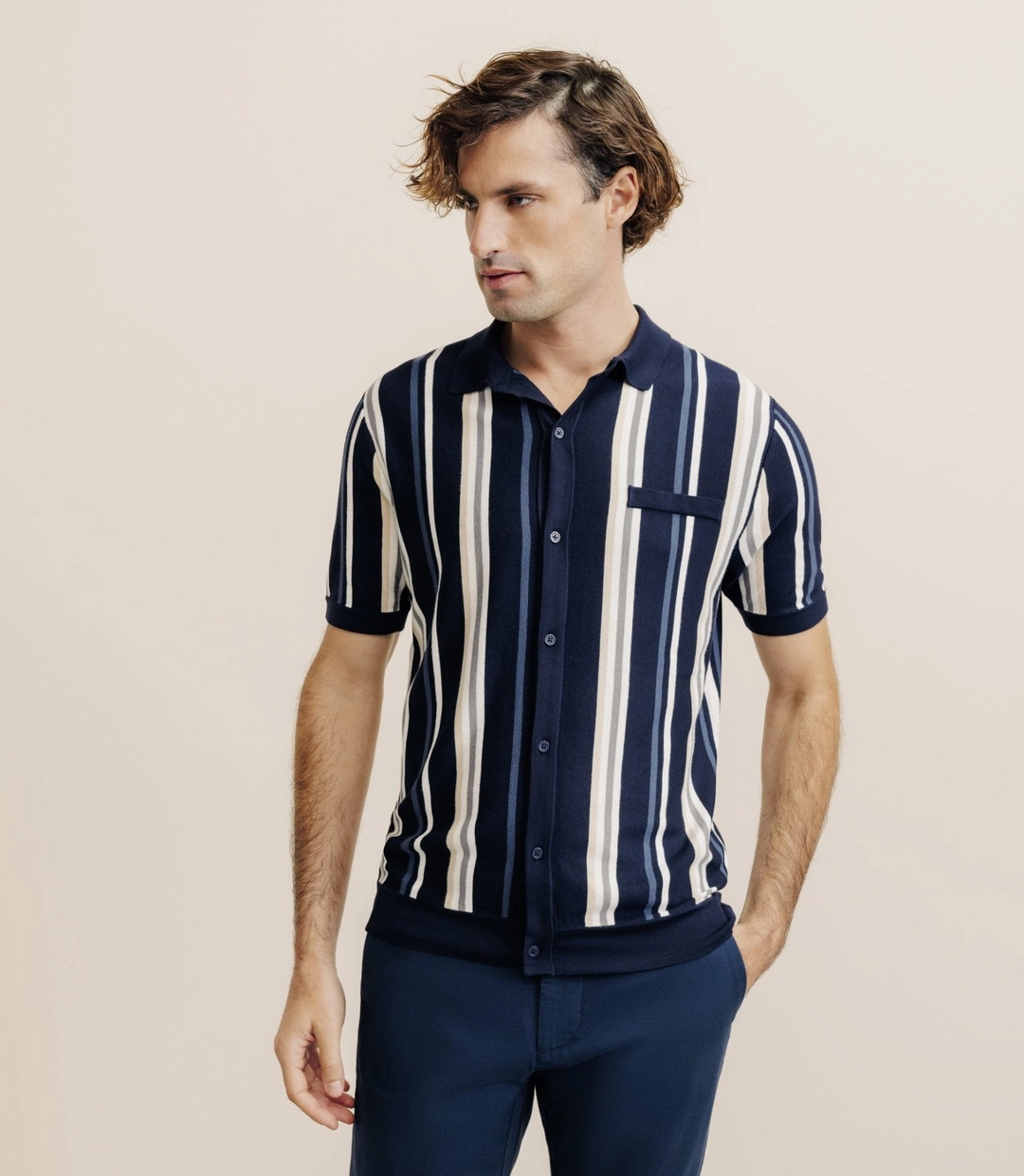 IZAC - Polo boutonné en maille rayé marine