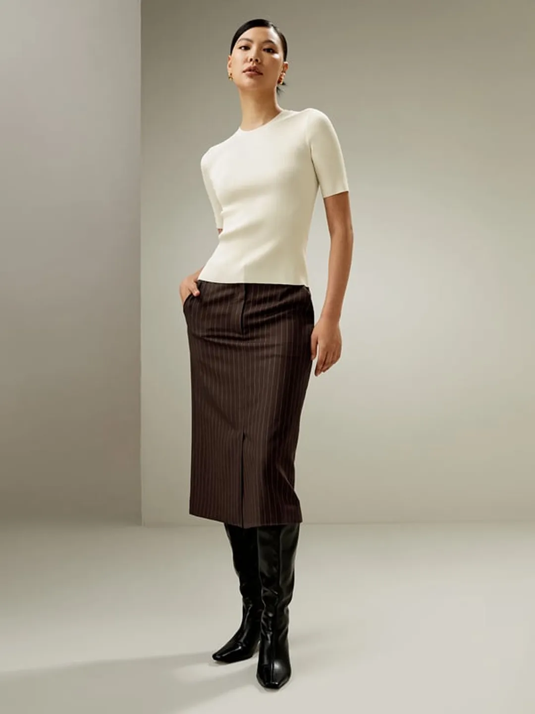 LILYSILK Jupe Café Foncé Jupe Crayon Taille Haute Mélange Laine-Soie Convient À Toutes Les Saisons 34 - 2