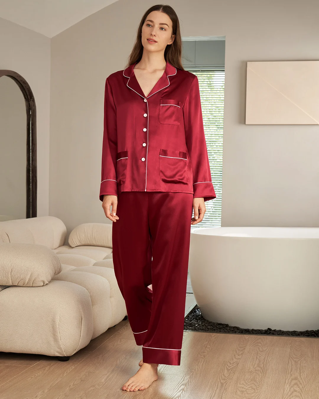 LILYSILK Pyjama Soie Rouge Femme Rouge Vineux Ensemble De Pyjama Deux Pièces 100% Soie Naturellement Antibactérien L