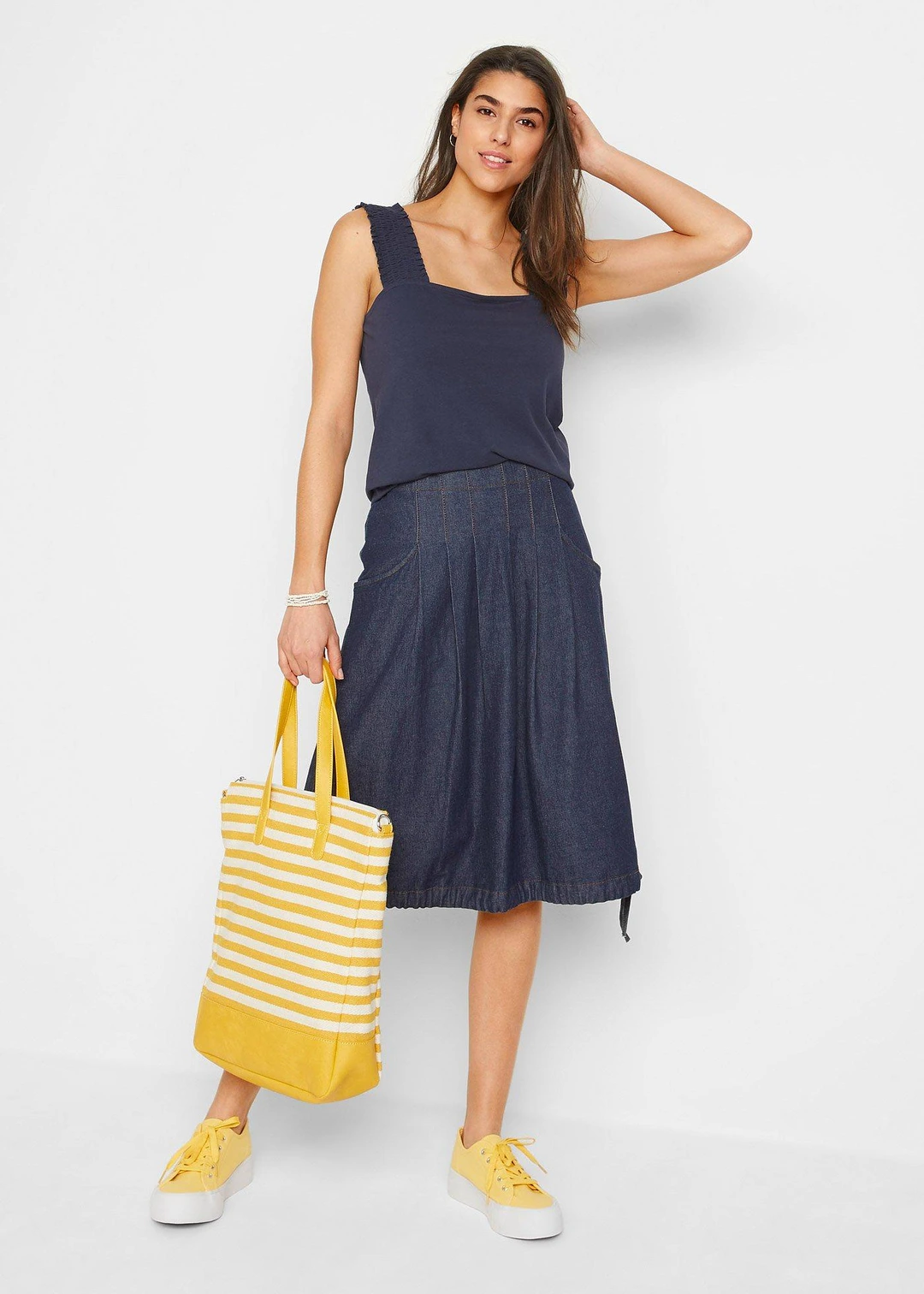 Jupe en jean extensible avec plis religieuse, lien à nouer et taille confortable