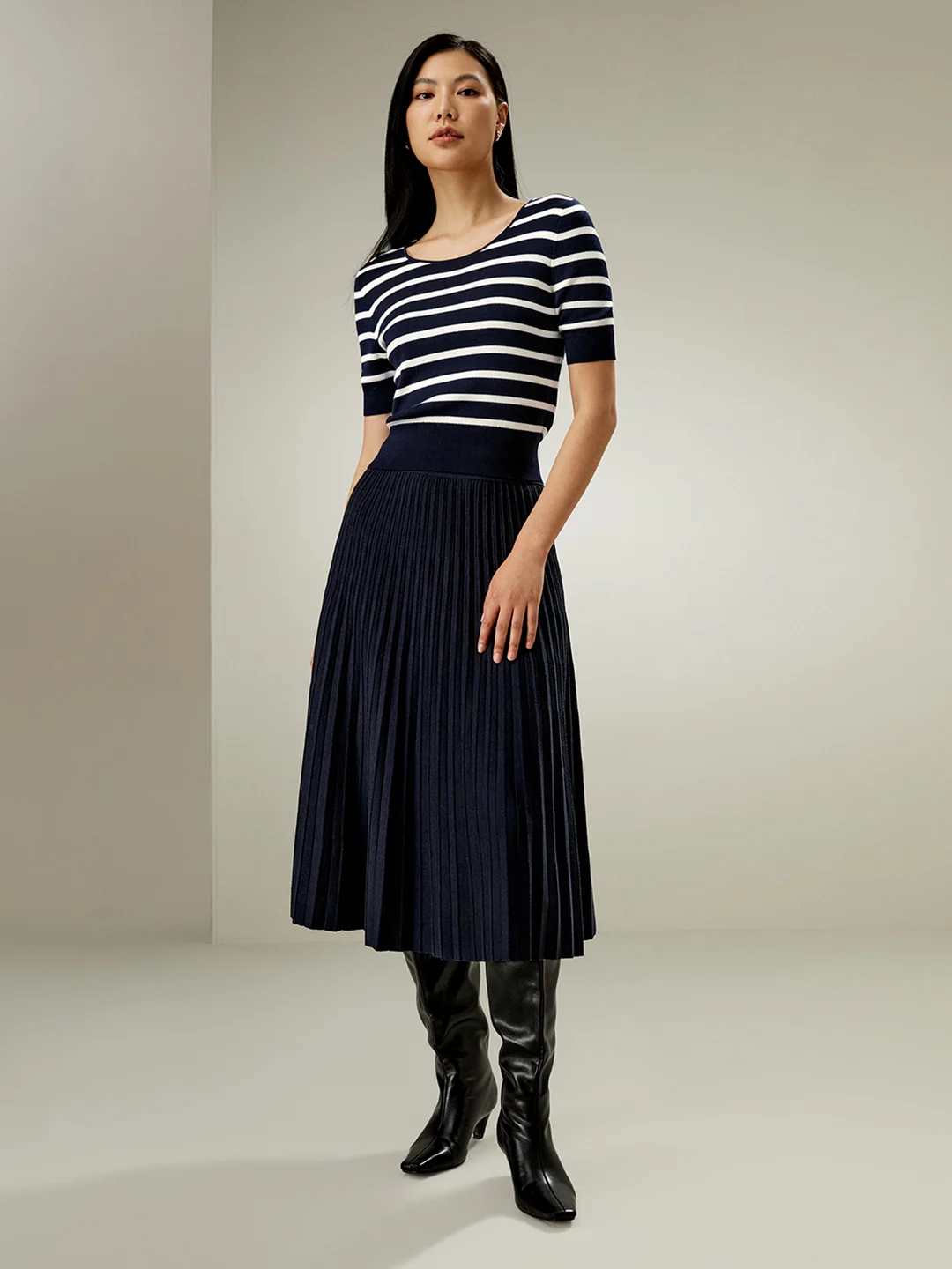 LILYSILK T Shirt En Soie Bleu Marine À Rayures Blanches Col Rond, Coupe Slim 100% Soie Pure Sans Produits Chimiques Nocifs M
