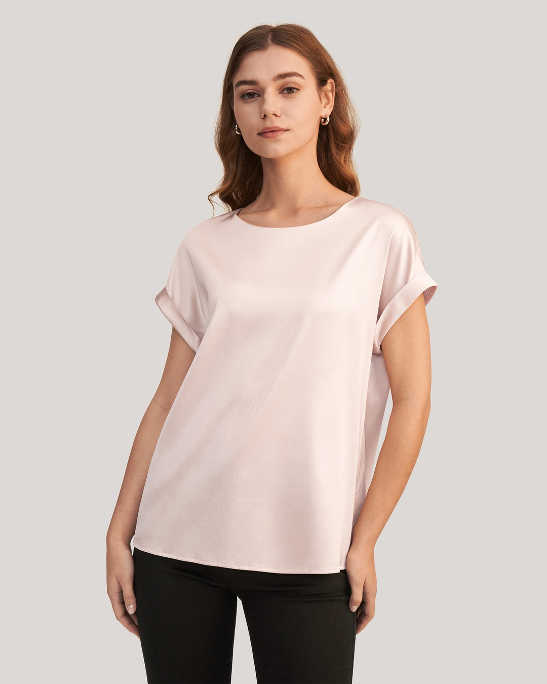 LILYSILK T Shirt Soie Coupe Régulière Poignets Roulés Mancherons Bleu Marine S