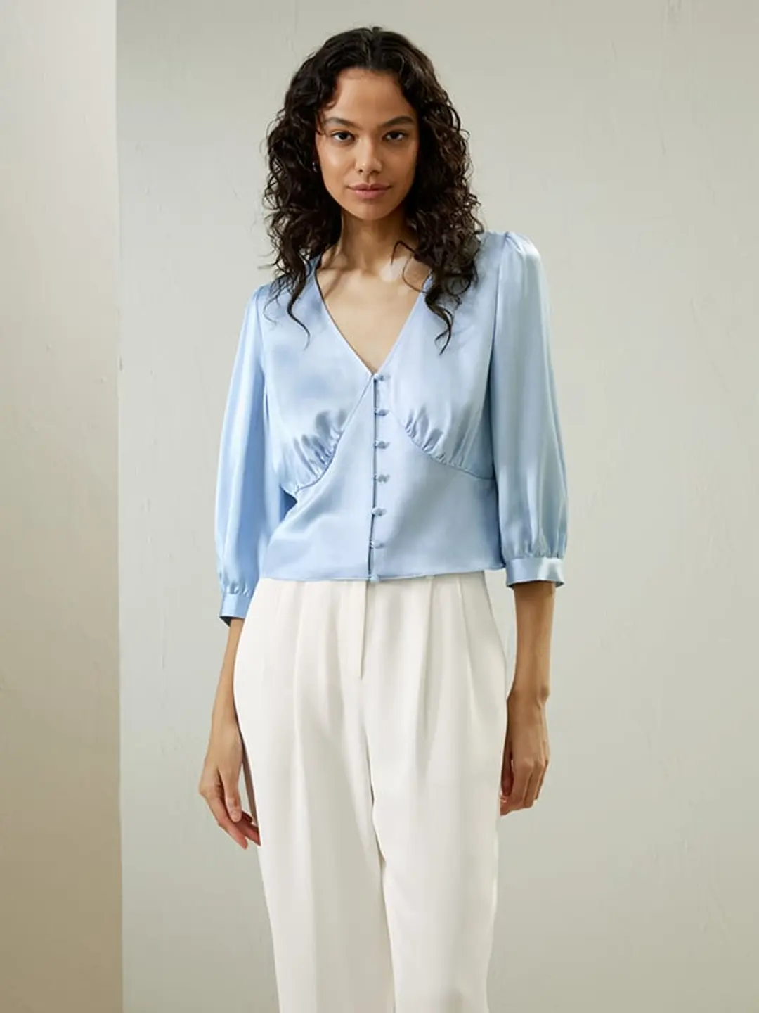 LILYSILK Top Soie Femme Bleu Mer Fermeture À Boutons Et Boucles Sur Le Devant 100% Soie Pure Confortable Brillant Lisse Doux 36