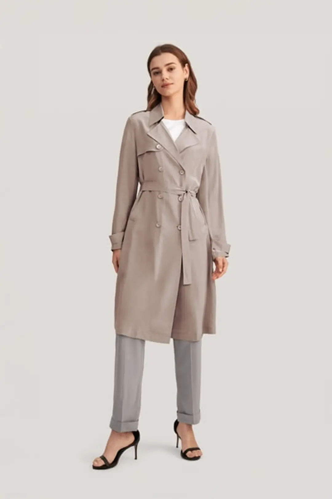 Trench-coat En Soie À Double Boutonnage Classique Femme