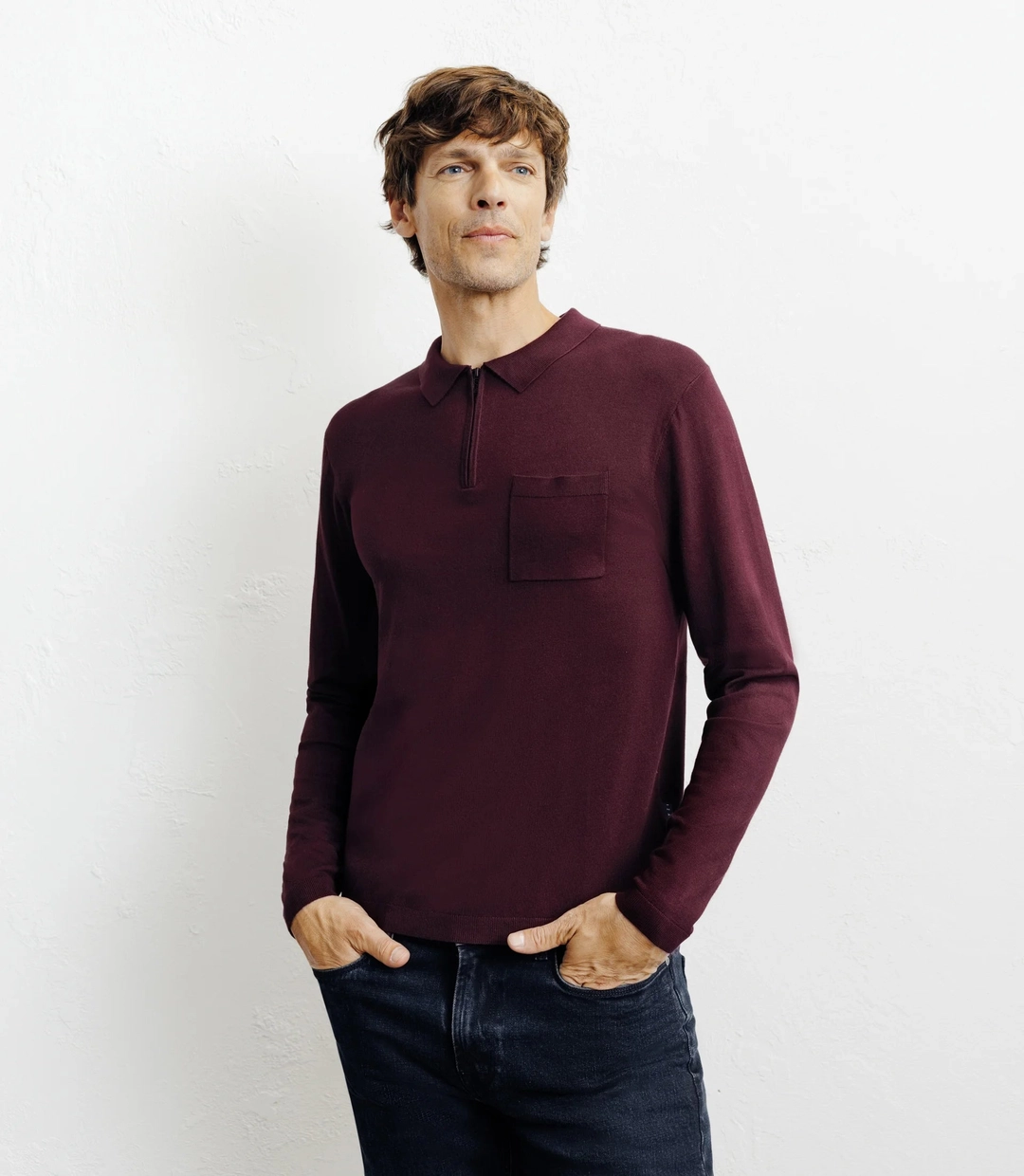IZAC - Pull col polo zippé en maille fine bordeaux foncé