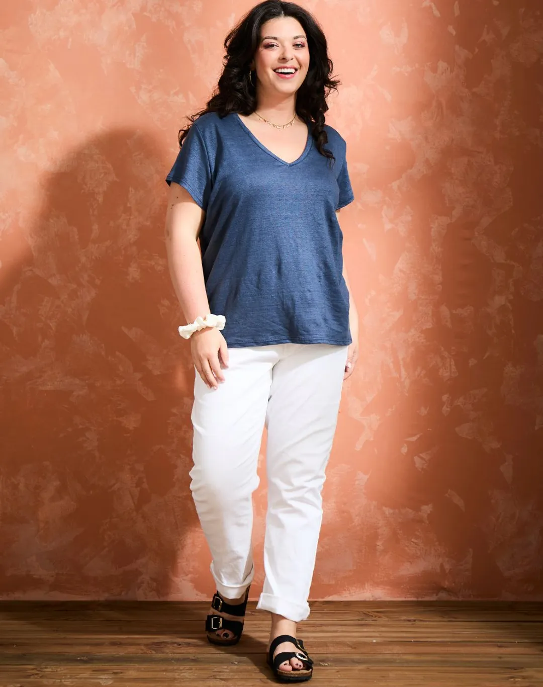 T-shirt col V 100% Lin - Marine - Taille XS - Lemahieu